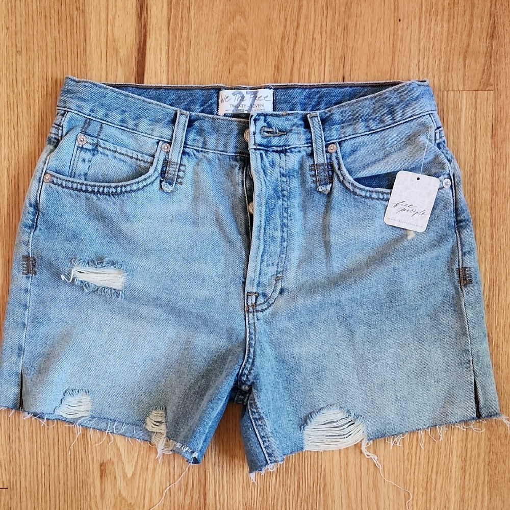 Free People Blue Distressed Jean Shorts